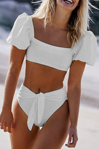 Thumbnail for White Sexy Bubble Sleeves High Waist Bikini