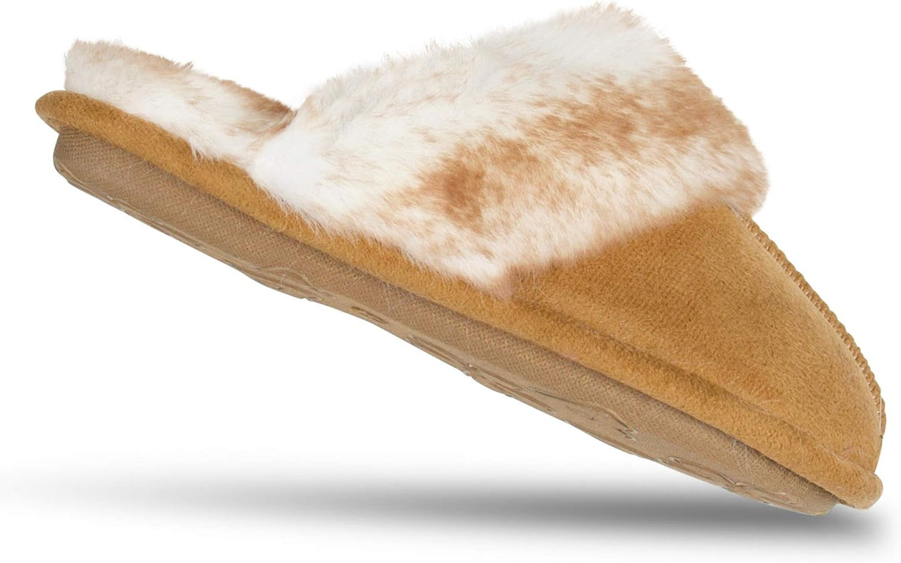 Women'S Comfy Faux Fur House Slipper Scuff Memory Foam Slip on Anti-Skid Sole