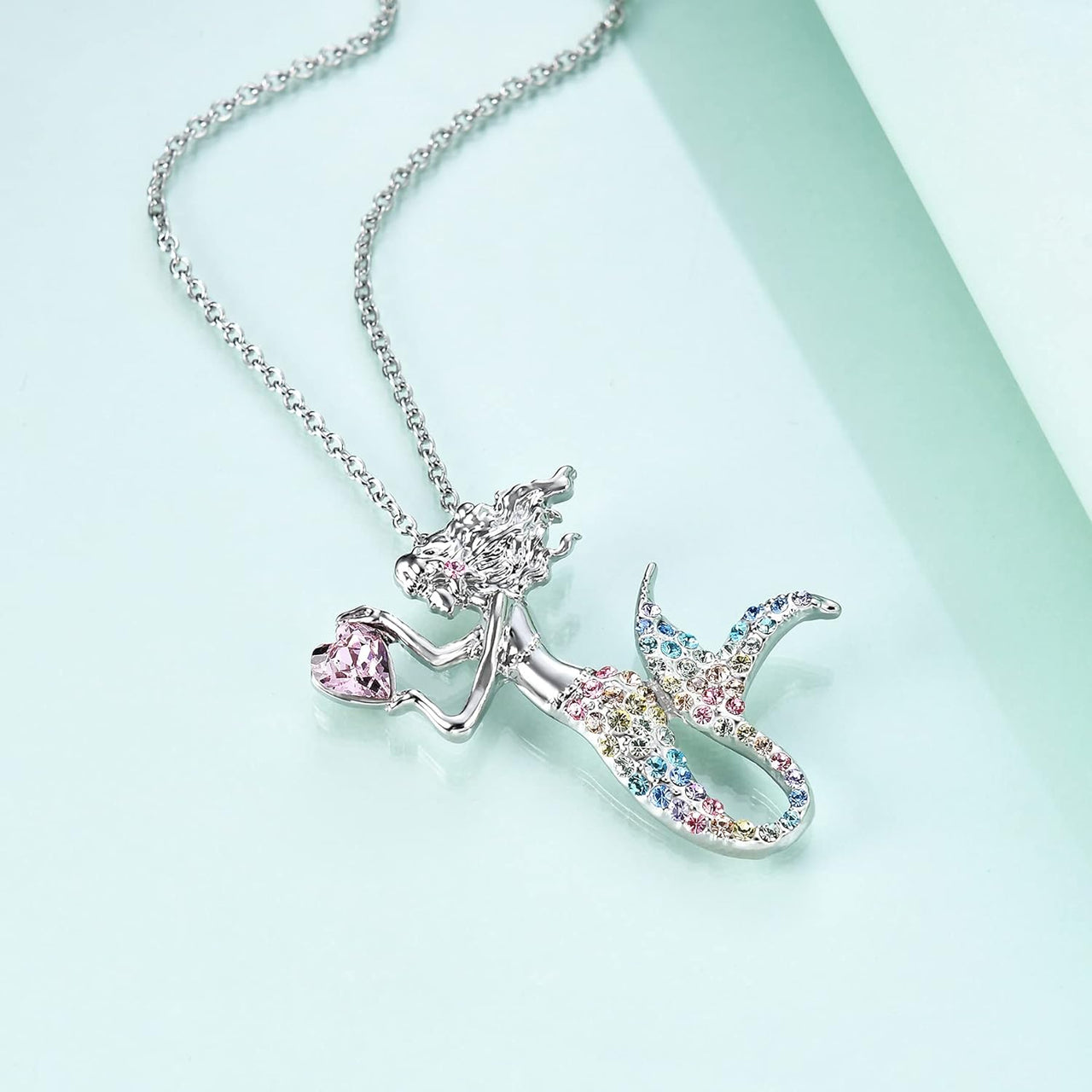 Fashion Mermaid Birthstone Necklace Jewelry White Gold Plated Austrian Crystal Pendant Gift for Girls Women