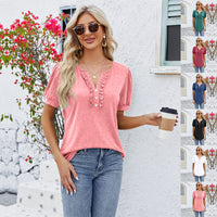 Thumbnail for New Solid Color V Neck Button Top Women's Fashion Short Sleeve T-Shirt Summer Womens Clothing