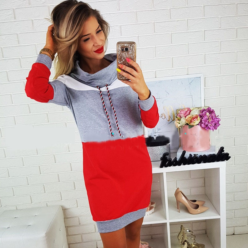 Women Turtleneck Long Sleeve Hooded Sweatshirt Dress