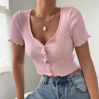 Thumbnail for V Neck Ruffles Short Sleeve T Shirt Women Summer Casual Button Crop Top Basic Blue T Shirt Tops