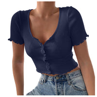 Thumbnail for V Neck Ruffles Short Sleeve T Shirt Women Summer Casual Button Crop Top Basic Blue T Shirt Tops