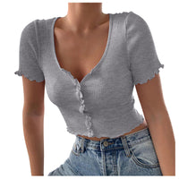 Thumbnail for V Neck Ruffles Short Sleeve T Shirt Women Summer Casual Button Crop Top Basic Blue T Shirt Tops