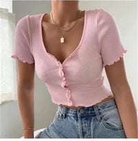 Thumbnail for V Neck Ruffles Short Sleeve T Shirt Women Summer Casual Button Crop Top Basic Blue T Shirt Tops