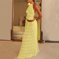 Thumbnail for 2pcs Women's Dress Suit Sexy Sleeveless Backless Cropped Halter Top And Pleated Long Dress