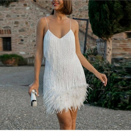 Feather Neck Sequin Mini Dress | Dress Feathers Fringe | New Sequined