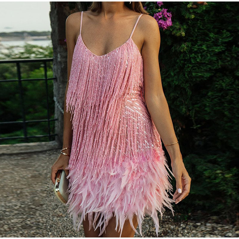 Feather Neck Sequin Mini Dress | Dress Feathers Fringe | New Sequined