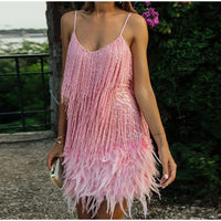 Thumbnail for Feather Neck Sequin Mini Dress | Dress Feathers Fringe | New Sequined