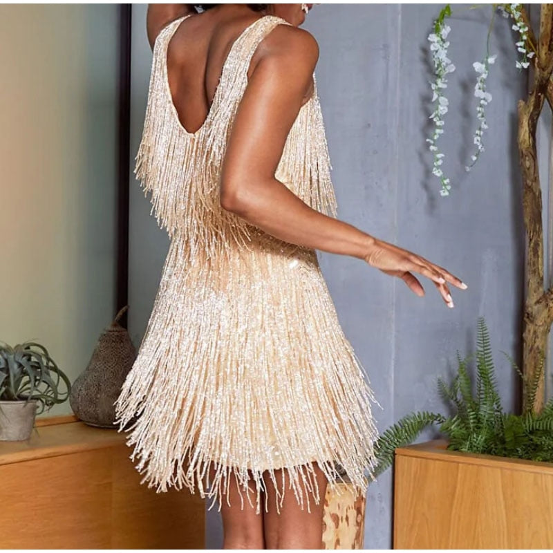 Feather Neck Sequin Mini Dress | Dress Feathers Fringe | New Sequined