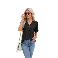 Thumbnail for V-neck Rolled Hem Short-sleeved Top Summer Fashion Button Hollow Design Loose Casual T-shirt Womens Clothing