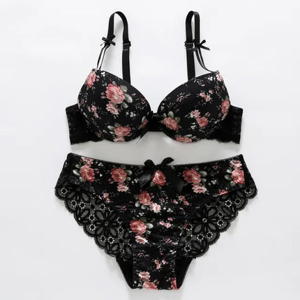 Floral Women Underwear Lace Sexy Push-Up Bra and Panty Lingerie Set Comfortable Padded Brassiere Adjustable Gathered Sets