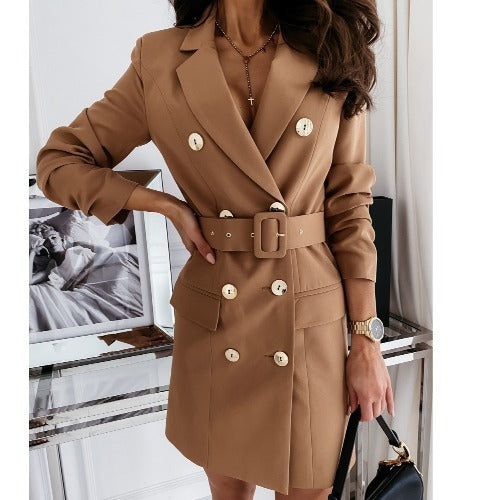 Long Sleeve With Belt Color Dress And Coat Women's Clothing