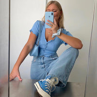 Thumbnail for V Neck Ruffles Short Sleeve T Shirt Women Summer Casual Button Crop Top Basic Blue T Shirt Tops