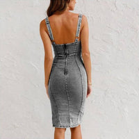 Thumbnail for New U-neck Suspender Denim Dress Summer Casual Tight Slim Fit Dresses With Slit Design Womens Clothing