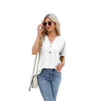 Thumbnail for V-neck Rolled Hem Short-sleeved Top Summer Fashion Button Hollow Design Loose Casual T-shirt Womens Clothing