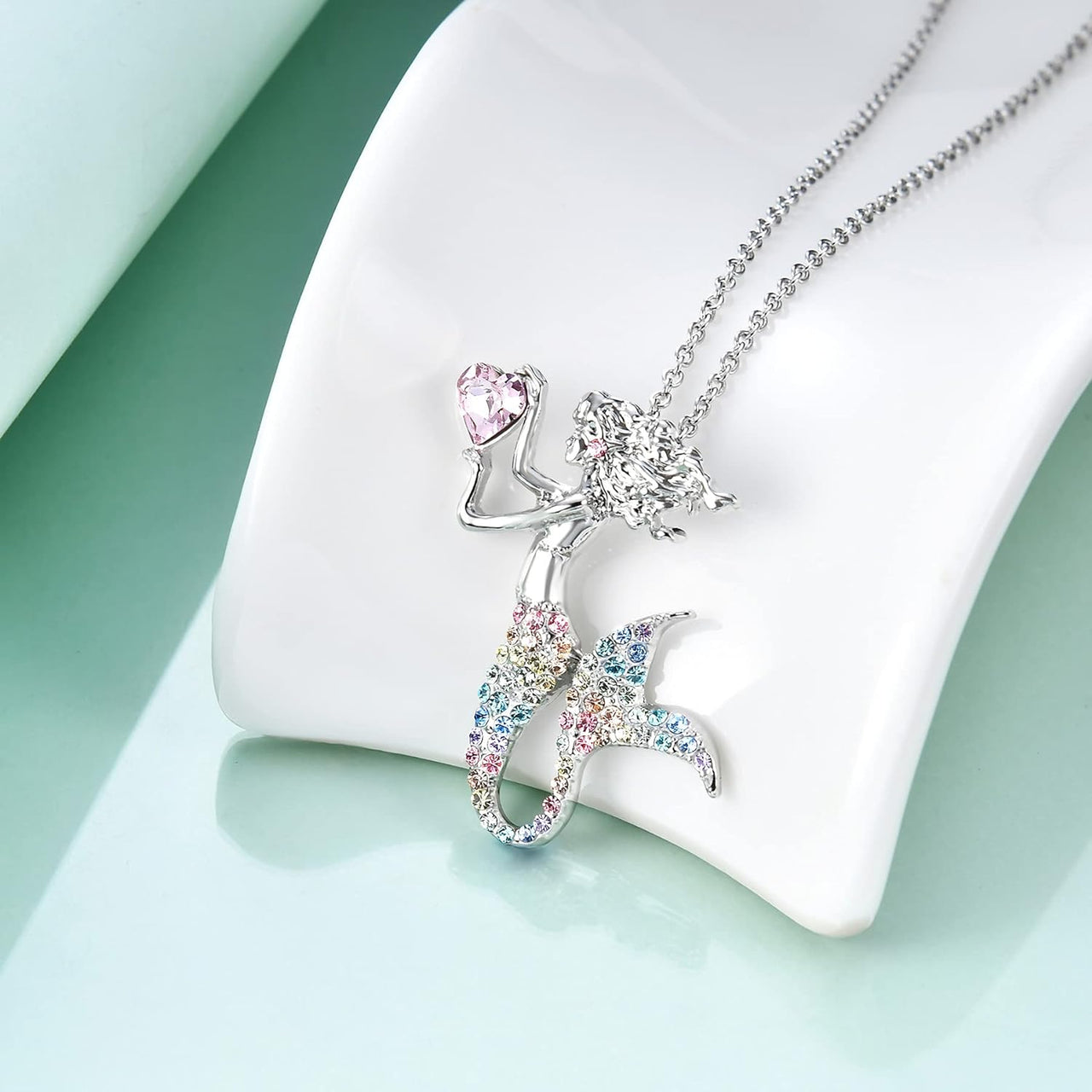 Fashion Mermaid Birthstone Necklace Jewelry White Gold Plated Austrian Crystal Pendant Gift for Girls Women