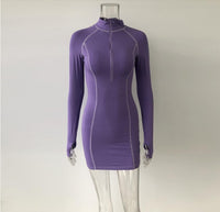 Thumbnail for Tight stretch elastic collar zipper long sleeve dress