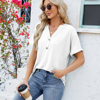 Thumbnail for V-neck Rolled Hem Short-sleeved Top Summer Fashion Button Hollow Design Loose Casual T-shirt Womens Clothing