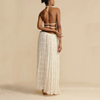 Thumbnail for 2pcs Women's Dress Suit Sexy Sleeveless Backless Cropped Halter Top And Pleated Long Dress