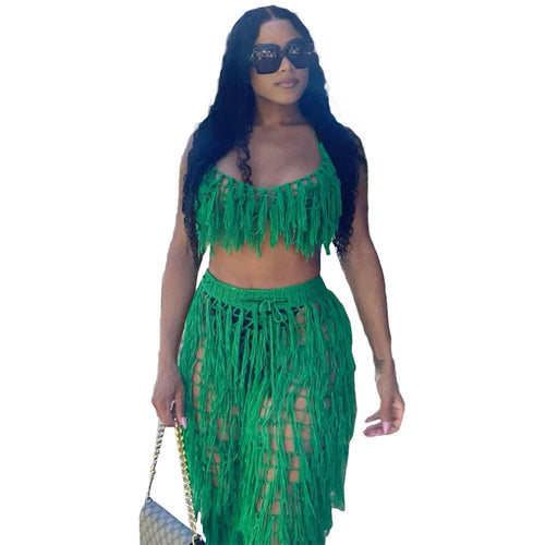 Hollow Out Hand Crochet Tassel 2 Piece Sets Women Sexy Summer Beach