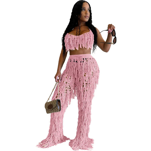 Hollow Out Hand Crochet Tassel 2 Piece Sets Women Sexy Summer Beach