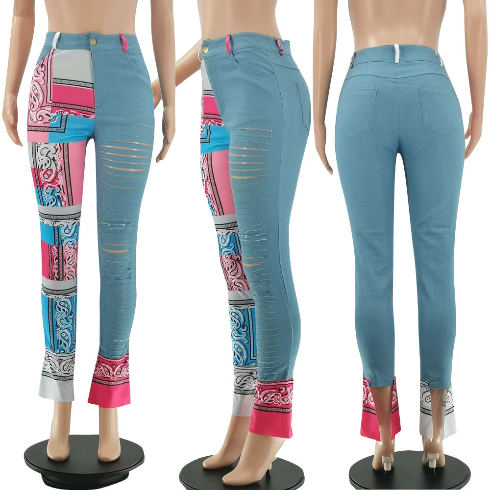 Bandana Print Women Jeans Distressed Skinny Denim Pants Flare Slim
