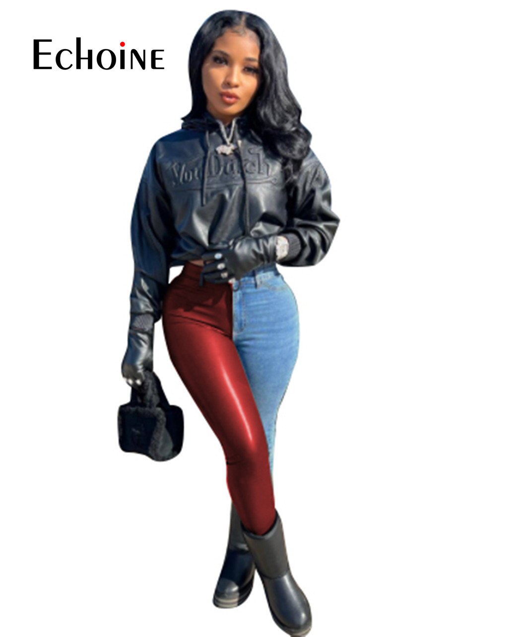Echoine Autumn Women Fashion Stitching Pu Jeans Casual High Waisted
