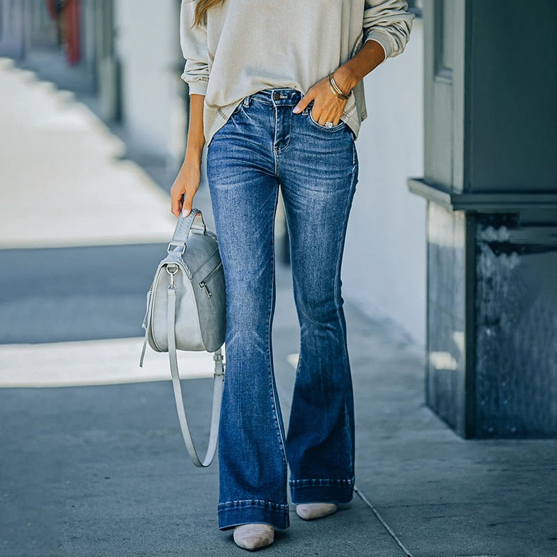 Flare Jeans Women Vintage Denim Pants Fashion Stretch Pocket Trousers