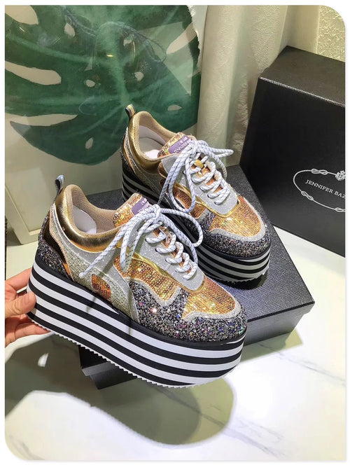 Spring Autumn Women Colourful Sneakers High Platform Shoes Heels Chunky Casual Dad Shoe Genuine Leather Thick Bottom Fashion New