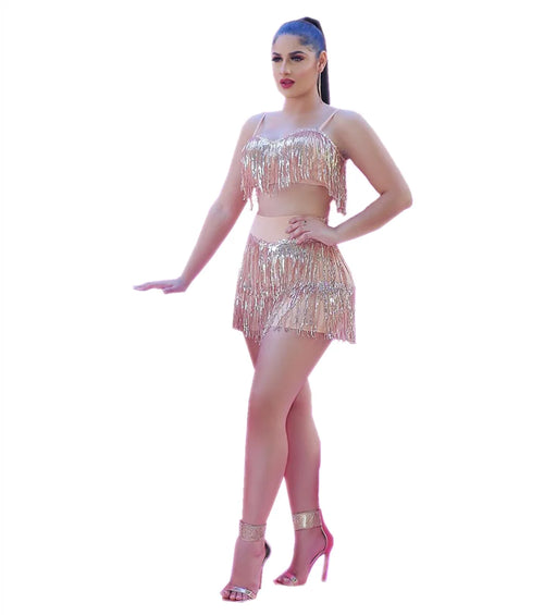 Sequined Tassel Two Piece Set Women Dance Clothing Spaghetti Strap