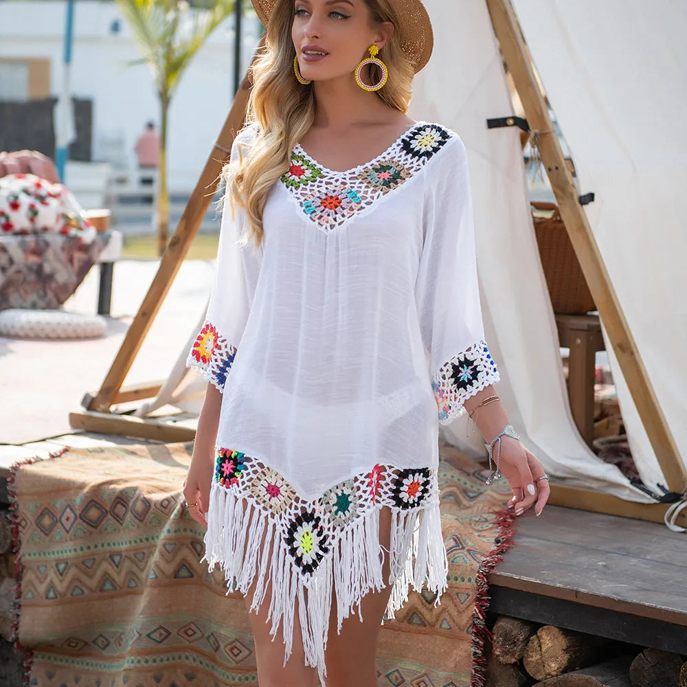 CROCHET BIKINI White Bikini Cover Up With Fringe Trim Women Sexy