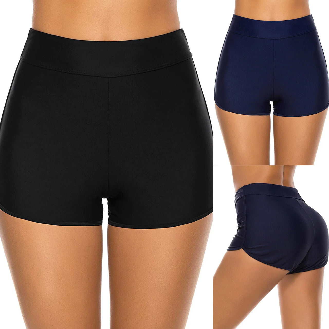 High Waist Swim Shorts For Women Summer Swimwear Pants Black Blue