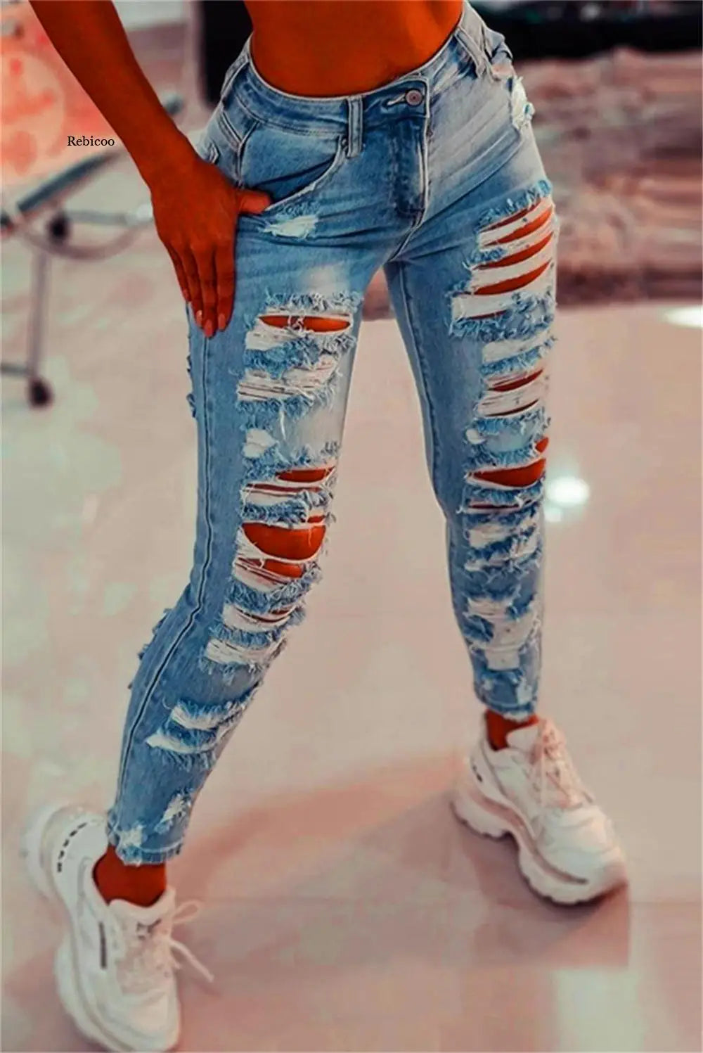 Women Ripped Cut Out Jeans Sexy Hole Hollow Out Stretch Skinny