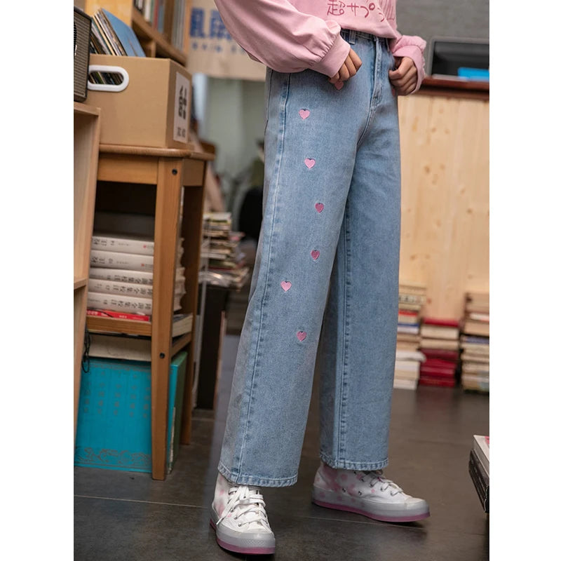 Japanese Fashion Heart Embroideried Wide Leg Loose Women Demin Pants