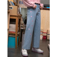 Thumbnail for Japanese Fashion Heart Embroideried Wide Leg Loose Women Demin Pants