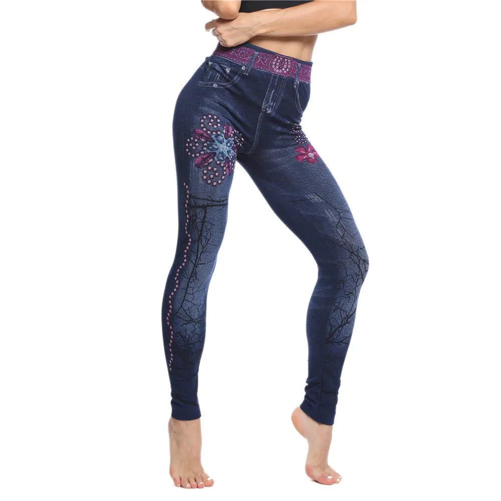 Lady Spring Autumn new imitation jeans leggings casual fake denim blue