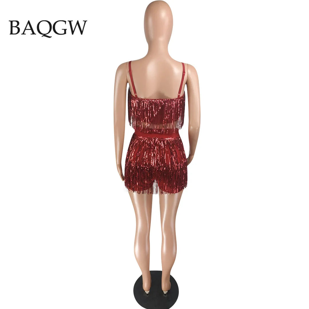 Sequined Tassel Two Piece Set Women Dance Clothing Spaghetti Strap