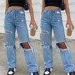 Women Loose Denim Jeans 2022 Ripped Wide Leg For Women High Waist Blue