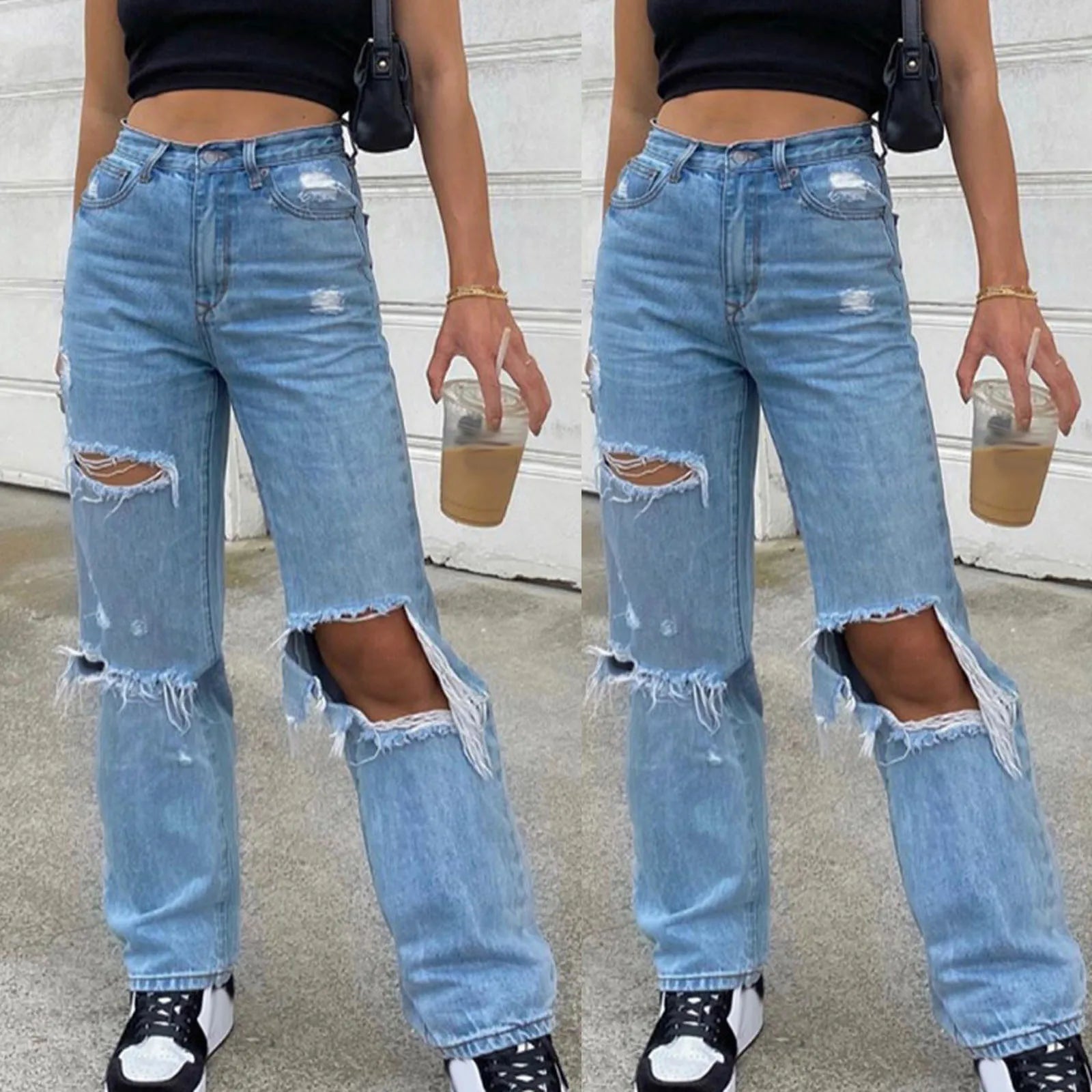 Women Loose Denim Jeans 2022 Ripped Wide Leg For Women High Waist Blue