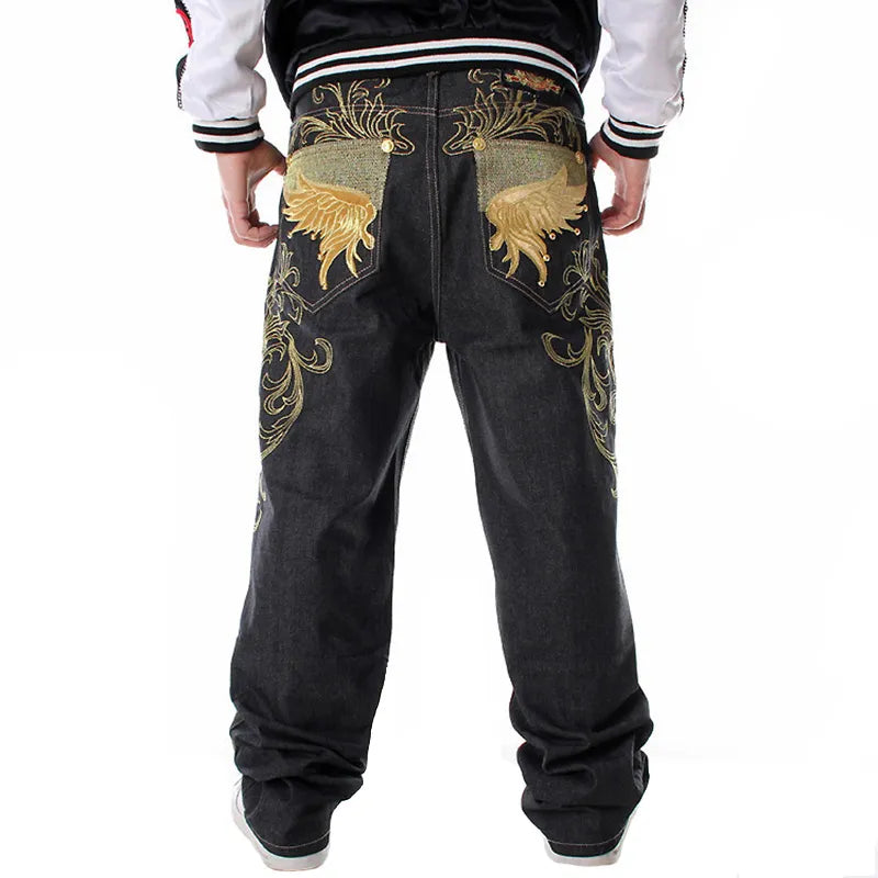 Nanaco Mens Loose Jeans Wide Leg Fashion Embroidery Skateboarder Hip