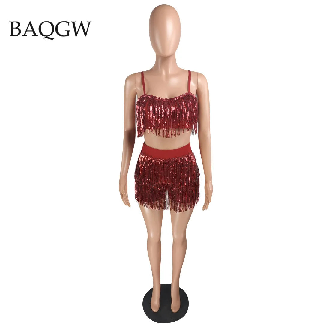 Sequined Tassel Two Piece Set Women Dance Clothing Spaghetti Strap