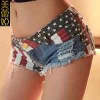 Thumbnail for Women's Low-rise American Flag Print Ripped Denim Shorts Jeans Mini