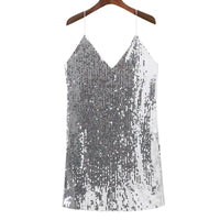 Thumbnail for Deep V Neck Autumn Silver Sequined Backless Sexy Dress Women Off