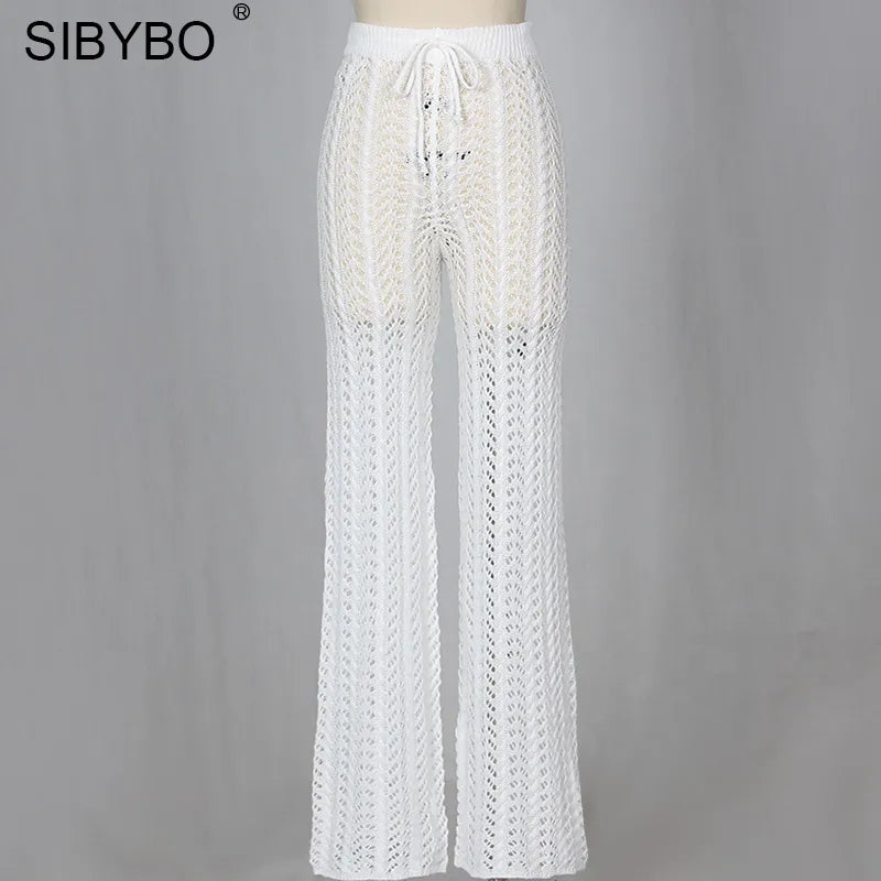 Sibybo Hollow Out Knitted High Waist Sexy Pants Women Fashion Crochet