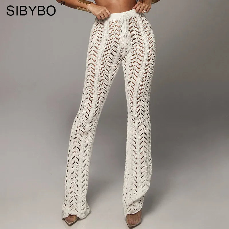 Sibybo Hollow Out Knitted High Waist Sexy Pants Women Fashion Crochet