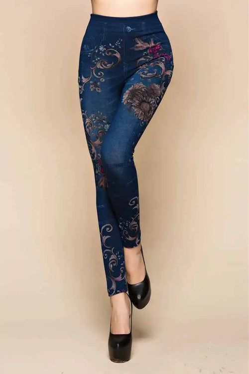 Lady Spring Autumn new imitation jeans leggings casual fake denim blue