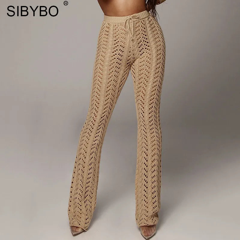 Sibybo Hollow Out Knitted High Waist Sexy Pants Women Fashion Crochet