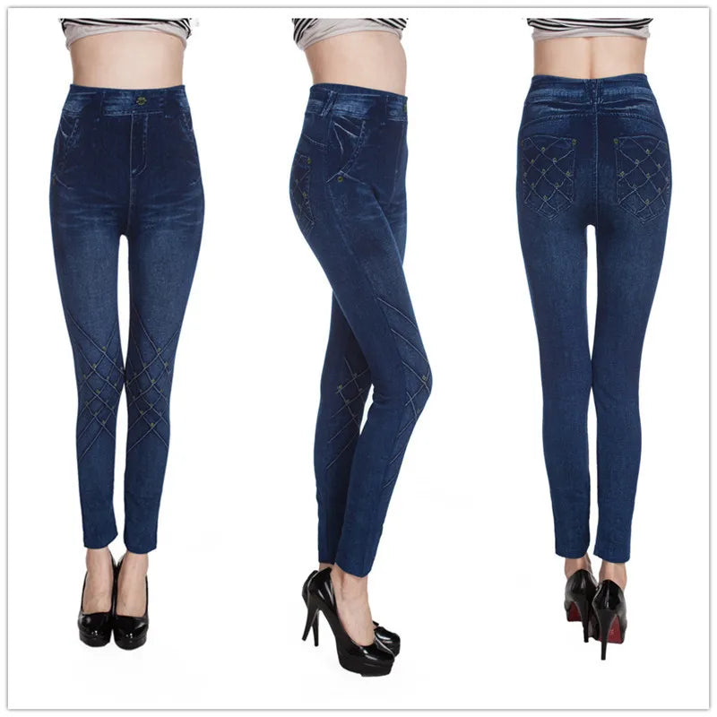 Lady Spring Autumn new imitation jeans leggings casual fake denim blue