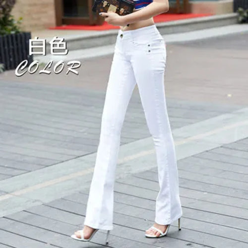 Women's White 80% Cotton Flare Denim Pants Mom's Fomal Skinny Stretch